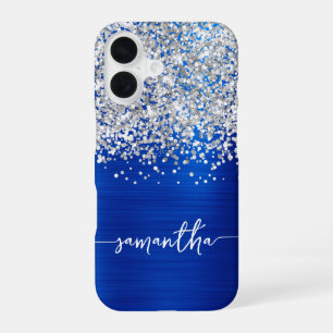 Funkelndes Silber Glitter Royal Blau Glam Name iPhone 16 Hülle