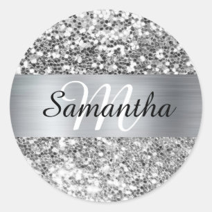 Funkelndes Silber Glitter Schimmer Monogramm Runder Aufkleber