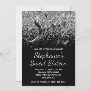 Funkelndes Silber Glitter Schwarz Chrome Sweet 16 Einladung
