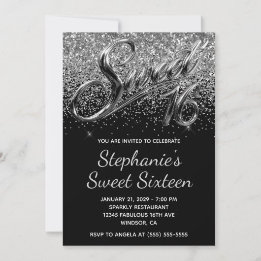 Funkelndes Silber Glitter Schwarz Chrome Sweet 16 Einladung (Vorderseite)