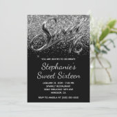 Funkelndes Silber Glitter Schwarz Chrome Sweet 16 Einladung (Stehend Vorderseite)