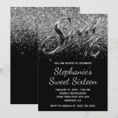 Funkelndes Silber Glitter Schwarz Chrome Sweet 16 Einladung (Vorne/Hinten)