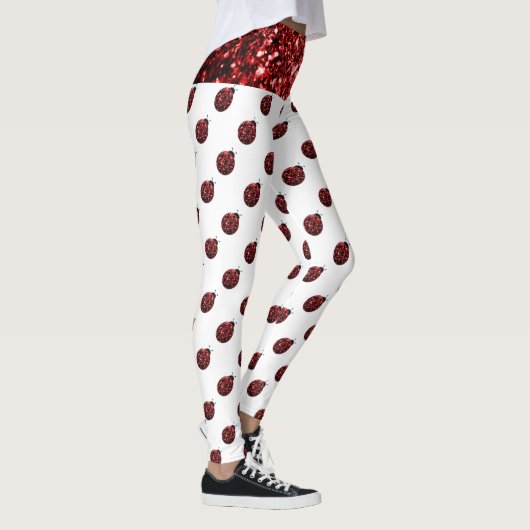 Funkelrote Glitzern-Ladybug-Muster auf weiß Leggings (Rechts)
