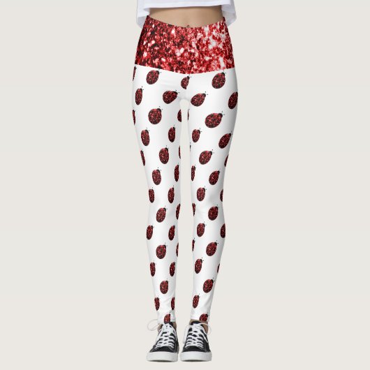 Funkelrote Glitzern-Ladybug-Muster auf weiß Leggings (Vorderseite)