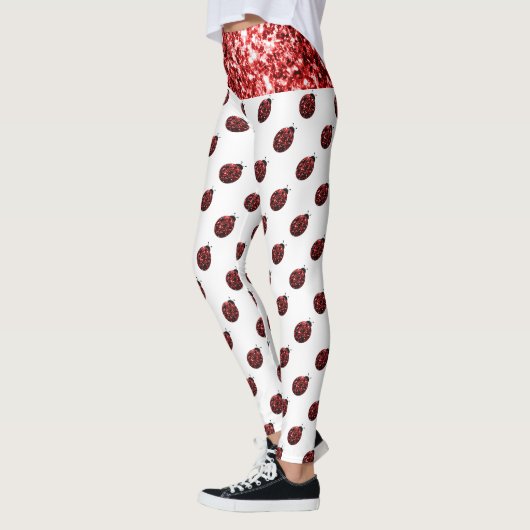 Funkelrote Glitzern-Ladybug-Muster auf weiß Leggings (Links)