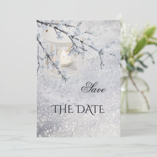 Funkelschnee WinterWedding Save the Date Card (Stehend Vorderseite)