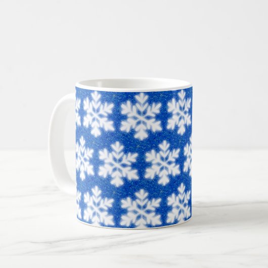 Funkelweiße Schneeflocken blauer Hintergrund Kaffeetasse (Vorderseite Links)