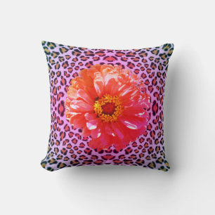Funktionale rosa und orange Blüten mit Leopardenmu Kissen