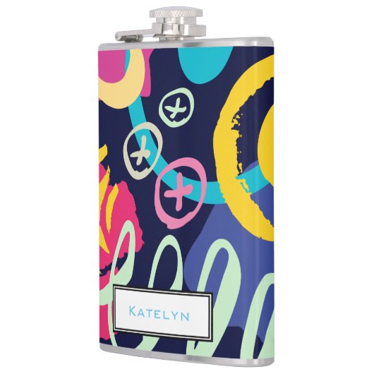 Funky 1980er Stil Farbiges Muster mit Monogramm Flachmann (Links)