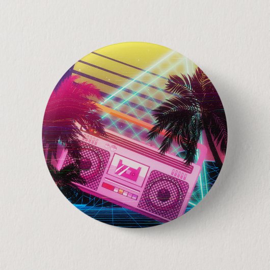 Funky 80er rosa Boombox mit Palmen Button (Vorderseite)