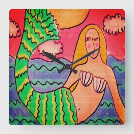 Funky Abstrakt Art Mermaid Quadratische Wanduhr (Vorderseite)