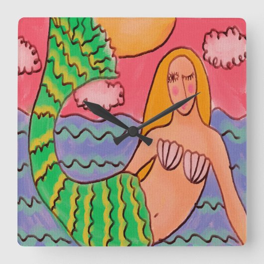 Funky Abstrakt Art Mermaid Square Wall Clock Quadratische Wanduhr (Vorderseite)