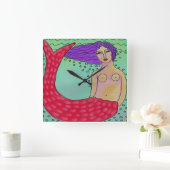 Funky Abstrakt Art Mermaid Square Wall Clock Quadratische Wanduhr (Zuhause)