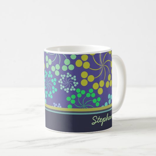 Funky Abstrakt Blue Floral Pattern Personalisiert Kaffeetasse (VorderseiteRechts)
