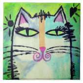 Funky Abstrakt Cat Painting Fliese (Vorderseite)