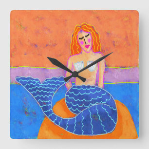 Funky Abstrakt Mermaid Painting Quadratische Wanduhr