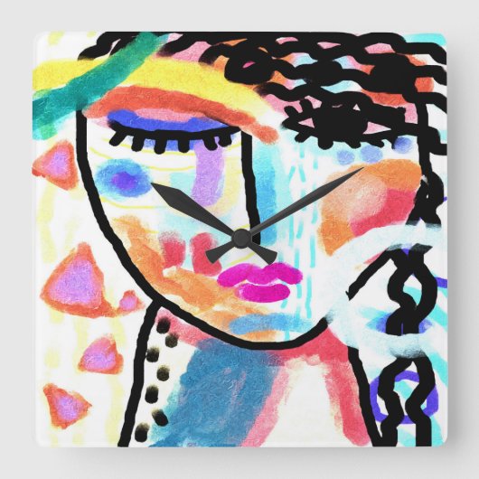 Funky Abstrakt Portrait einer Frau Quadratische Wanduhr (Vorderseite)