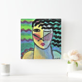 Funky Abstraktes Portrait eines Woman Square Wall  Quadratische Wanduhr (Zuhause)