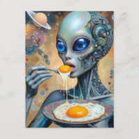Funky Alien Eating Fried Eggs with Runny Yolks