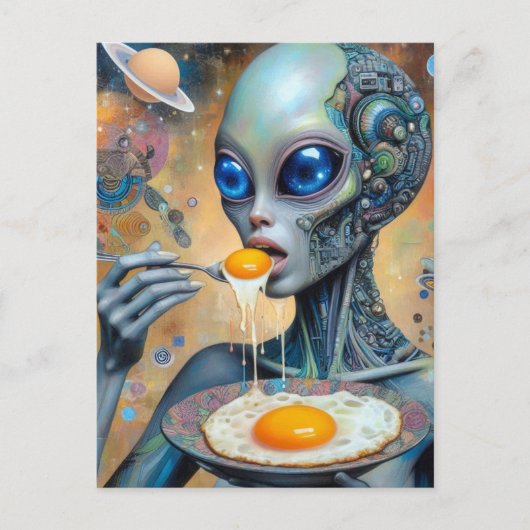 Funky Alien Eating Fried Eggs with Runny Yolks Postkarte (Vorderseite)