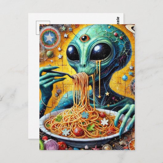 Funky Alien Eating Spaghetti Postkarte (Vorne/Hinten)