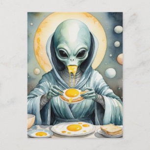 Funky Alien Eats Fried Eggs Runny Yolks Wassercolo Postkarte