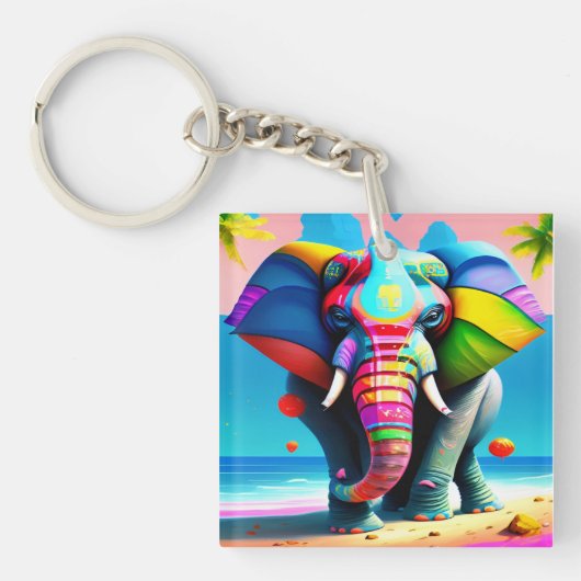 Funky and Playful Rainbow Elephant Print Schlüsselanhänger (Vorderseite)