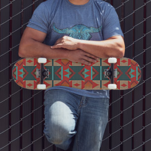 Funky Aquamarin Blue Red Orange Brown Tribal Art Skateboard