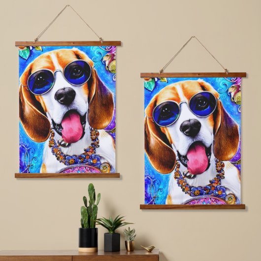 Funky Beagle Dog Wandteppich Mit Holzrahmen (Asymmetrisch)