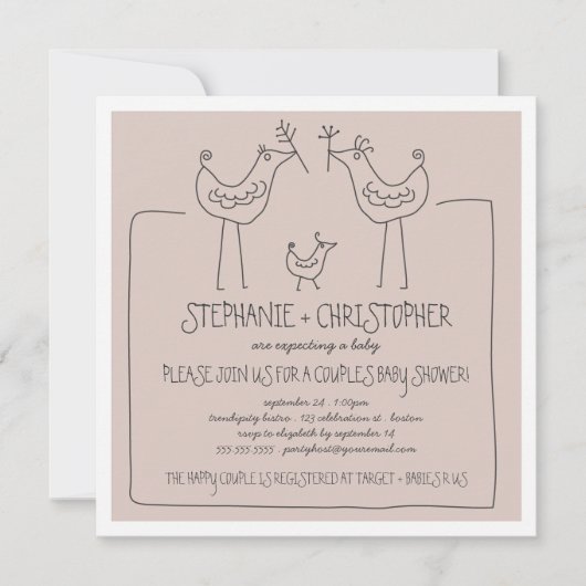 Funky Birds Modern Family Couples Baby Shower Tan Einladung (Vorderseite)