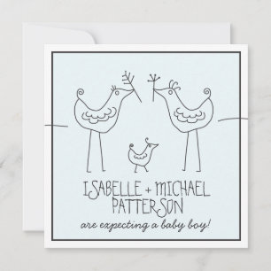 Funky Birds Moderne Familienpaare Baby Boy Dusche Einladung