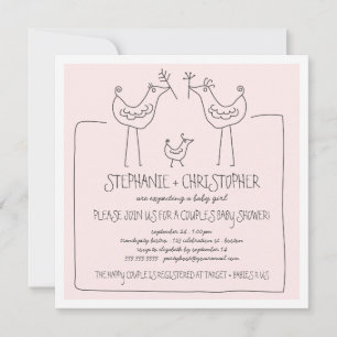 Funky Birds Moderne Familienpaare Girl Baby Dusche Einladung