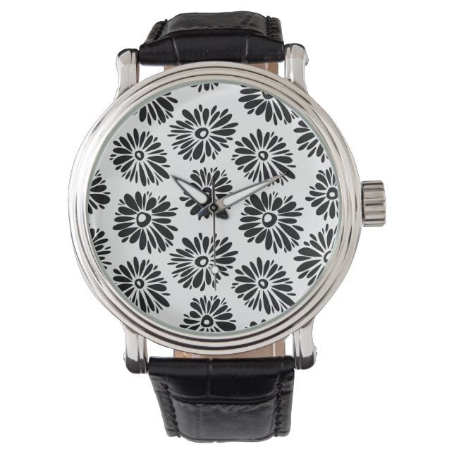 Funky Black and White Floral Armbanduhr (Vorderseite)