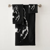 Funky Black and White Wolf Face Kopfskizze Badhandtuch Set (Insitu)