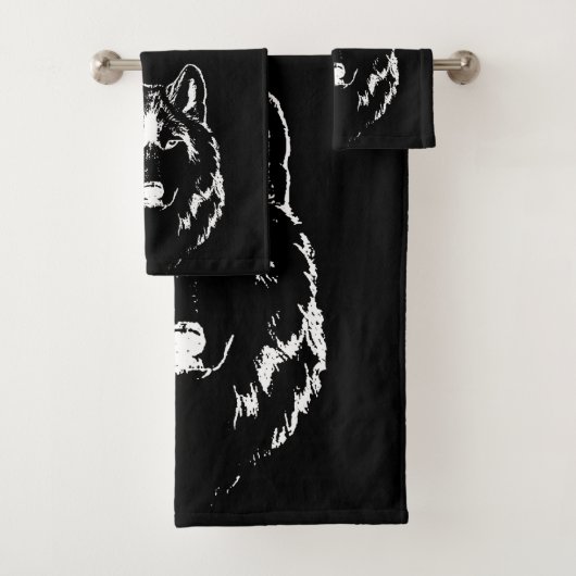 Funky Black and White Wolf Face Kopfskizze Badhandtuch Set (Insitu)