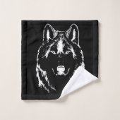 Funky Black and White Wolf Face Kopfskizze Badhandtuch Set (Waschlappen)