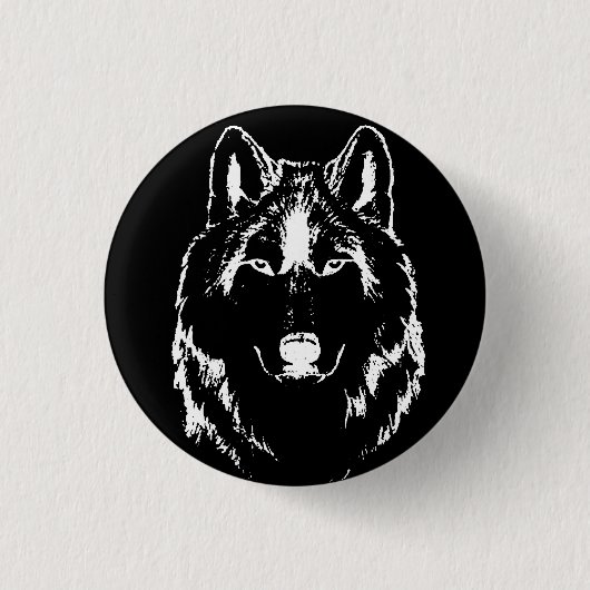 Funky Black and White Wolf Face Kopfskizze Button (Vorderseite)