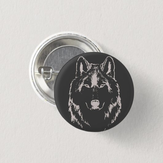 Funky Black and White Wolf Face Kopfskizze Button (Vorne & Hinten)