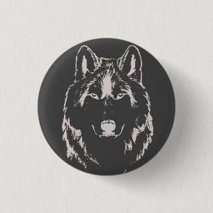 Funky Black and White Wolf Face Kopfskizze Button