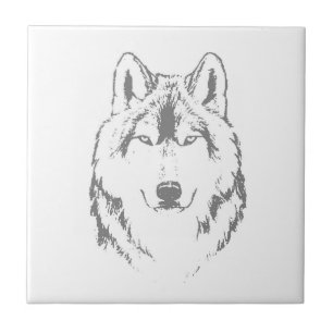 Funky Black and White Wolf Face Kopfskizze Fliese