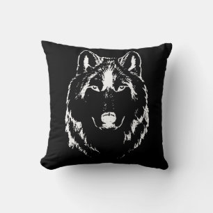 Funky Black and White Wolf Face Kopfskizze Kissen