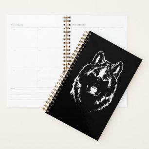 Funky Black and White Wolf Face Kopfskizze Planer