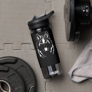 Funky Black and White Wolf Face Kopfskizze Trinkflasche