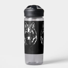 Funky Black and White Wolf Face Kopfskizze Trinkflasche