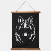 Funky Black and White Wolf Face Kopfskizze Wandteppich Mit Holzrahmen (Vorderseite)
