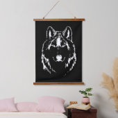 Funky Black and White Wolf Face Kopfskizze Wandteppich Mit Holzrahmen (Schlafzimmer)