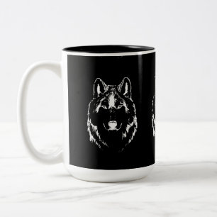 Funky Black and White Wolf Face Kopfskizze Zweifarbige Tasse
