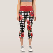 Funky Black & White Pattern Red Blume Capri Leggings (Vorderseite)