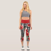 Funky Black & White Pattern Red Blume Capri Leggings (Vorderseite)