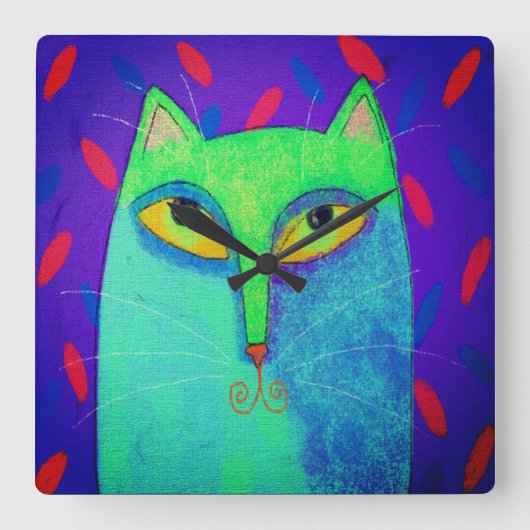 Funky blaue Katzen-abstrakte Kunst Quadratische Wanduhr (Vorderseite)